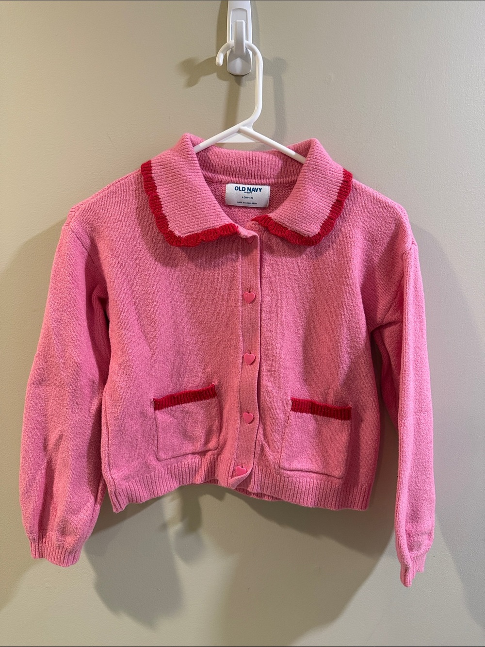 Old Navy Pink Cardigan with Red Trim and Heart Buttons